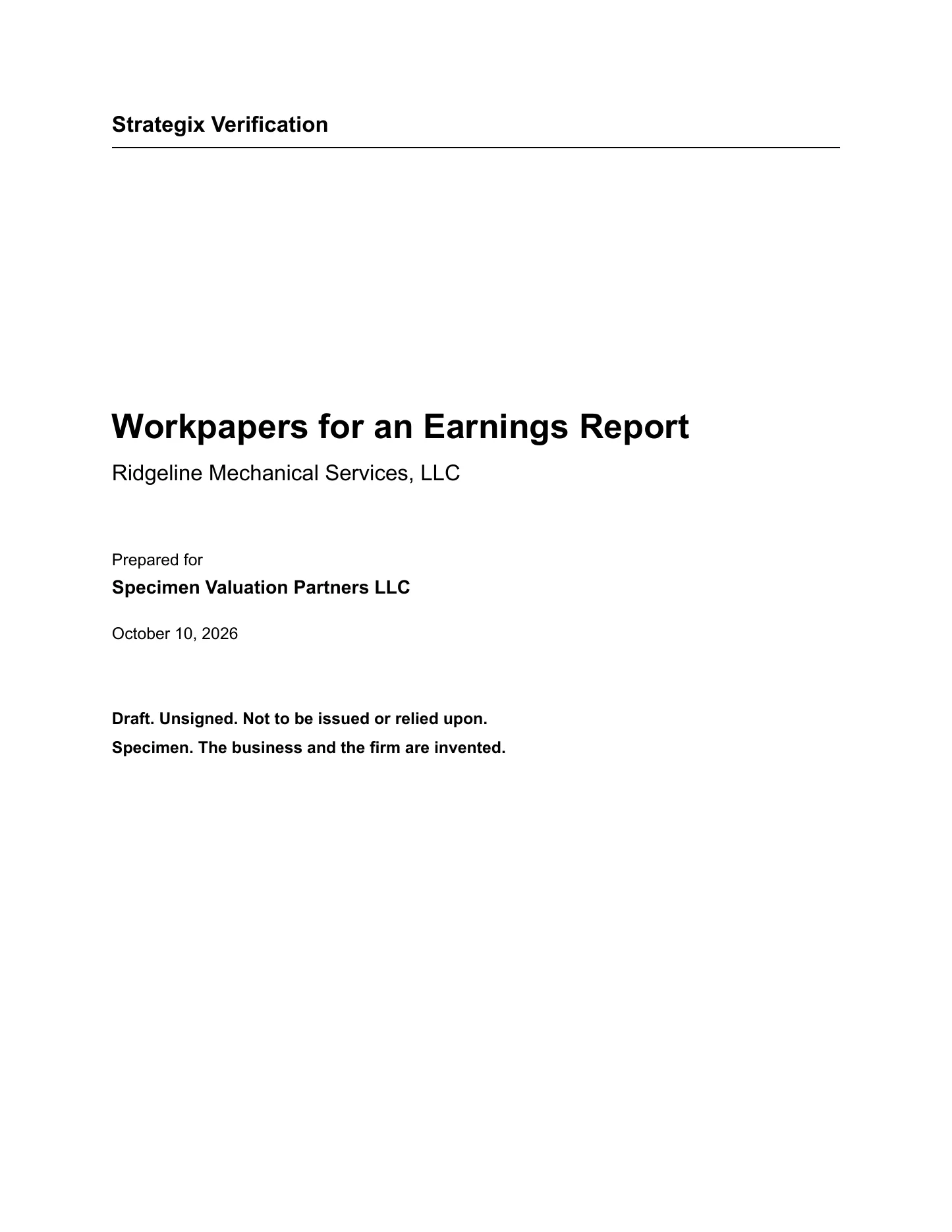 The cover of the workpapers, prepared for a specimen valuation firm