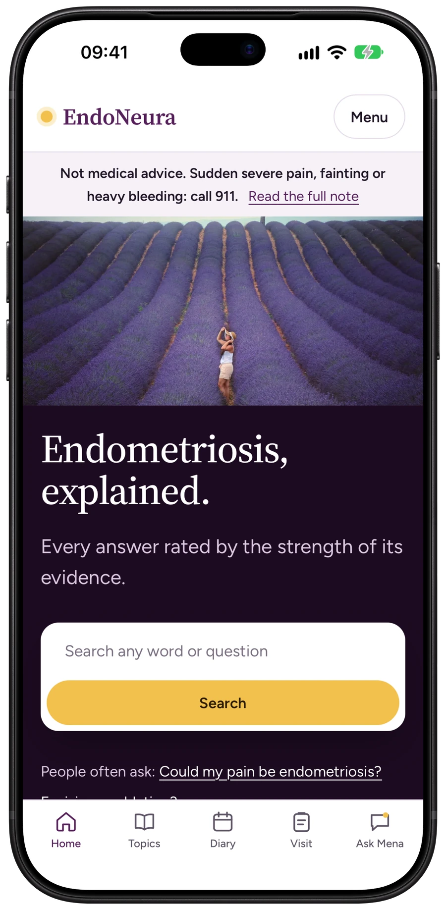 EndoNeura on iPhone 18 Pro Max in Black: Endometriosis, explained, with a search for any word or question