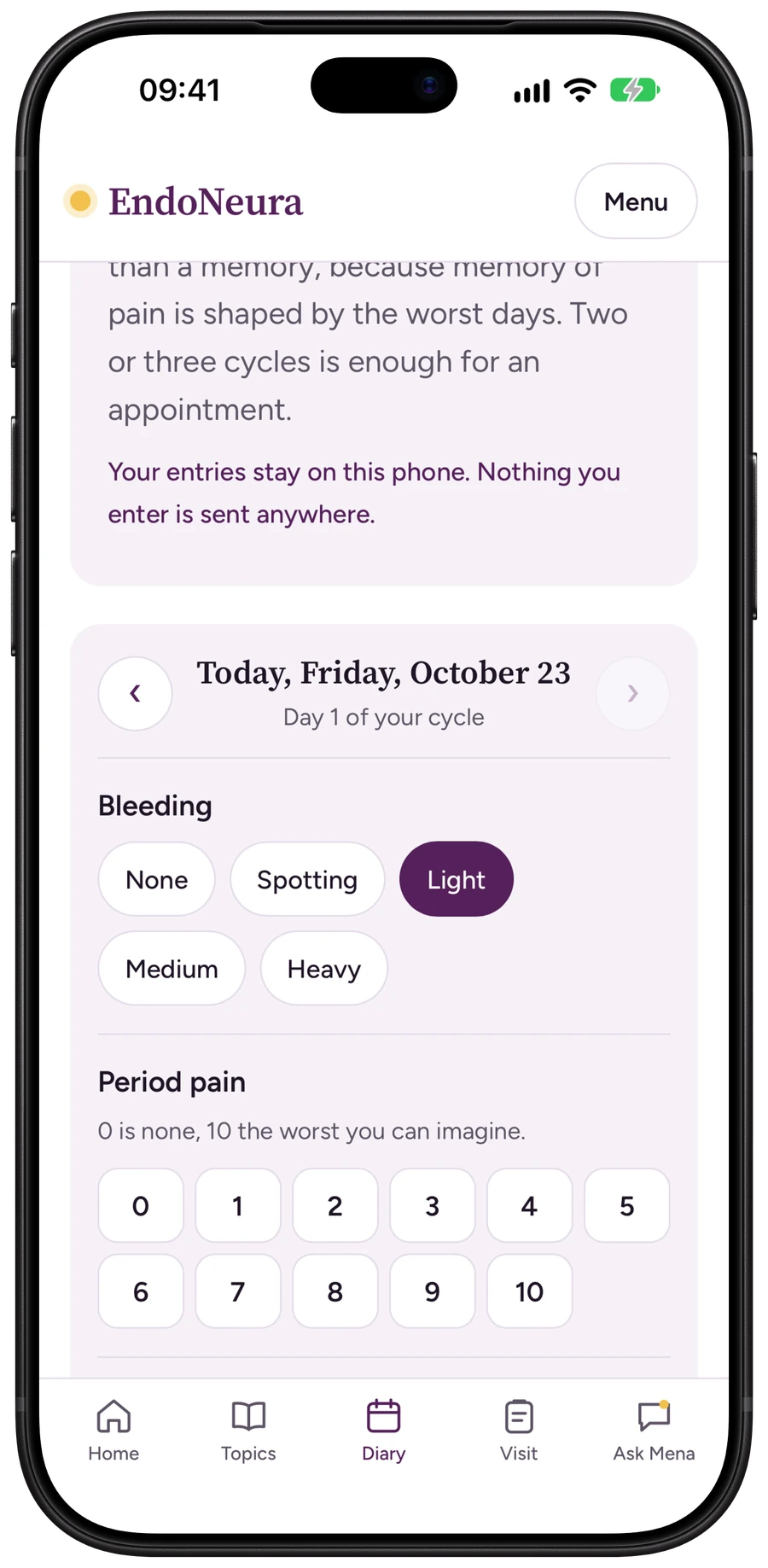 EndoNeura on iPhone 18 Pro Max in Black: the diary, with bleeding and period pain for today