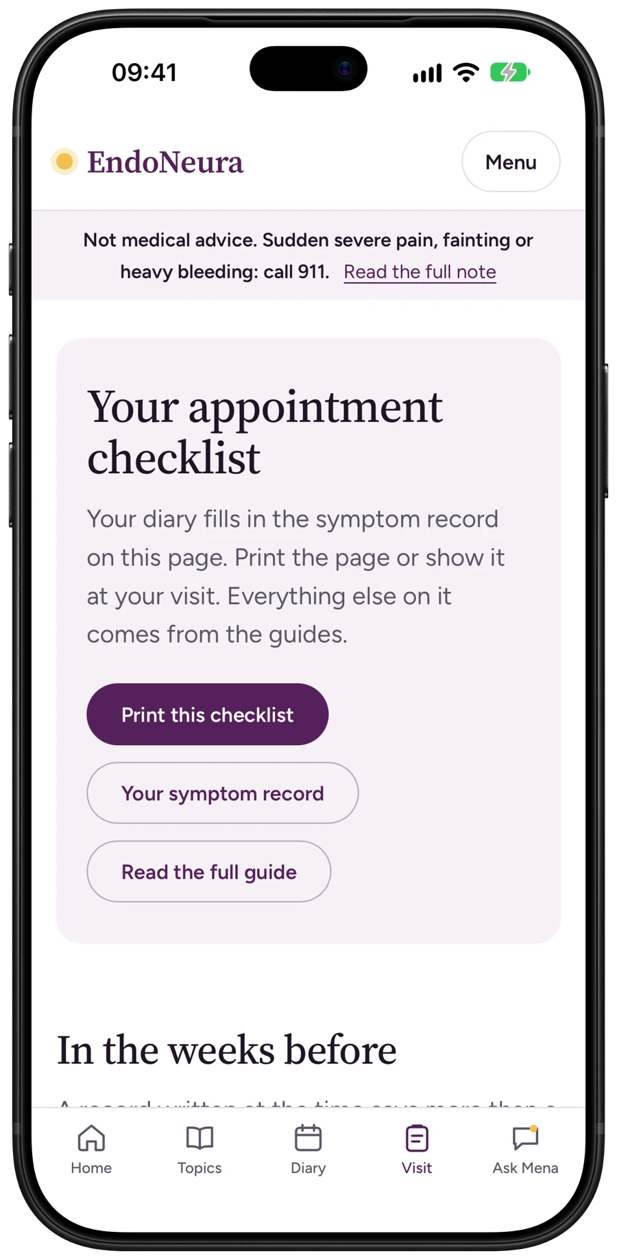 EndoNeura on iPhone 18 Pro Max in Black: the appointment checklist, filled in from the diary