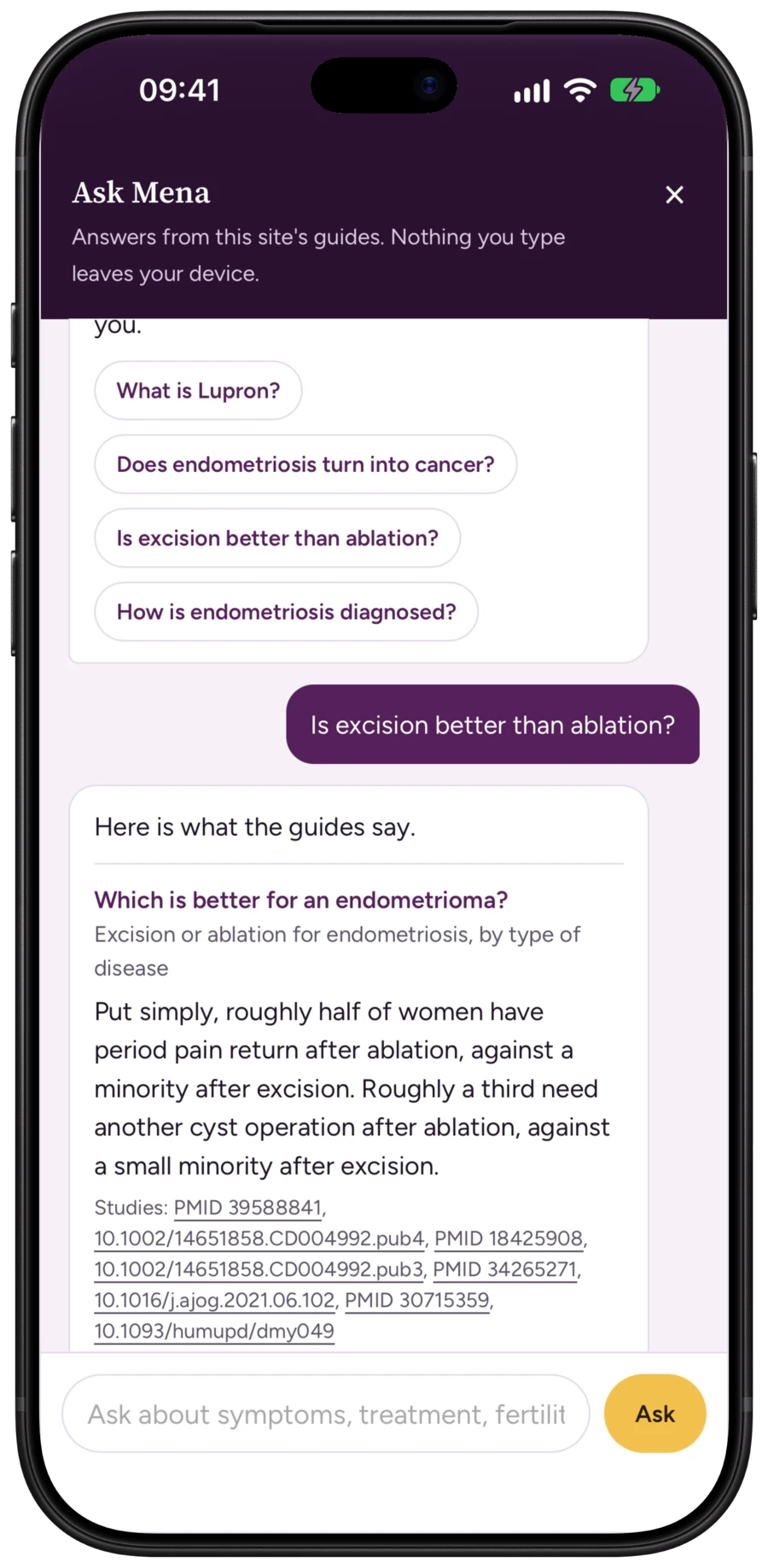 Ask Mena on iPhone 18 Pro Max in Black, answering whether excision is better than ablation, with the studies behind each answer