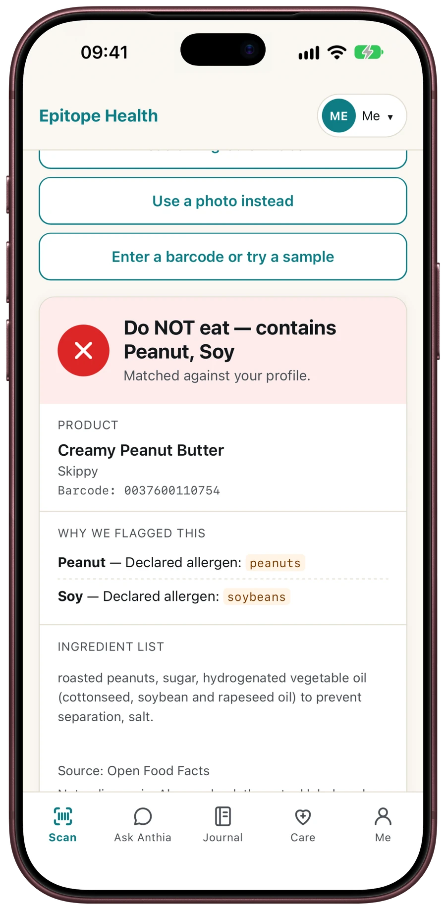 Epitope Health on iPhone 18 Pro Max in Burgundy, flagging a peanut butter that contains peanut and soy, with the reasons