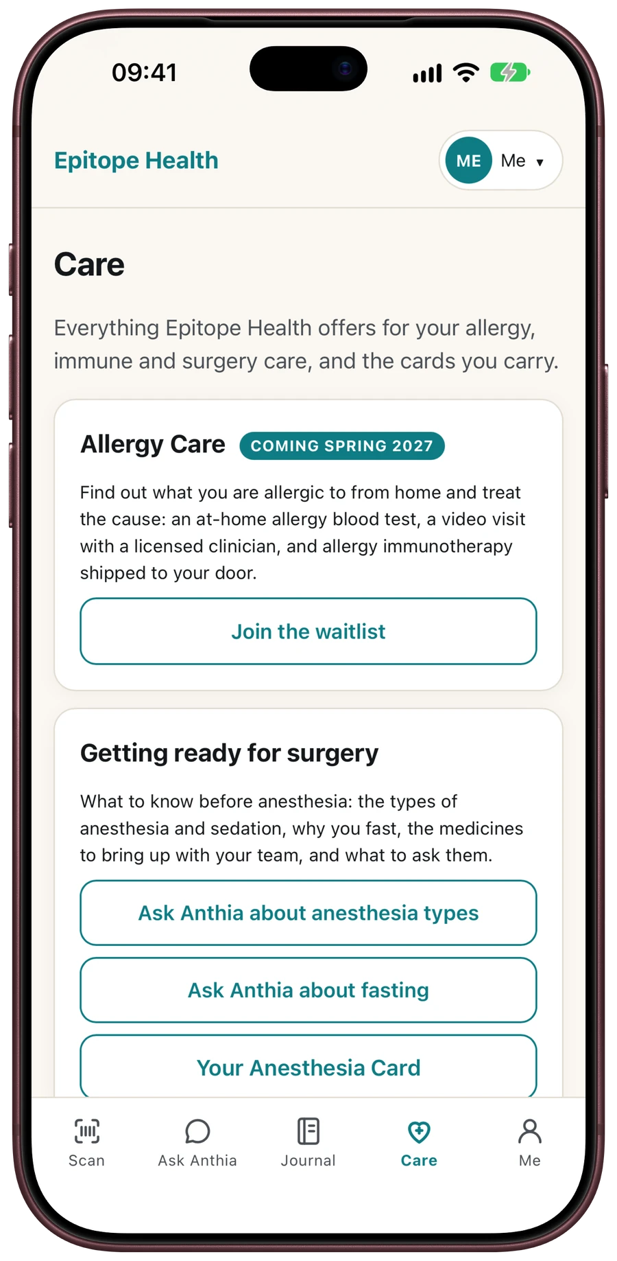 Epitope Health on iPhone 18 Pro Max in Burgundy, showing the Care tab: Allergy Care and getting ready for surgery