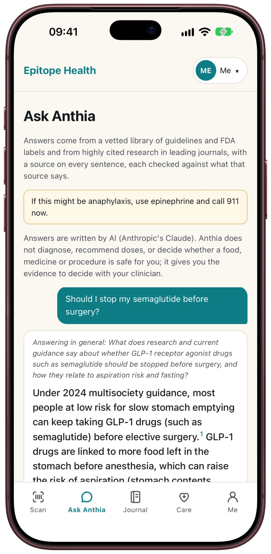 Ask Anthia on iPhone 18 Pro Max in Burgundy, answering whether to stop semaglutide before surgery, with a source on every sentence